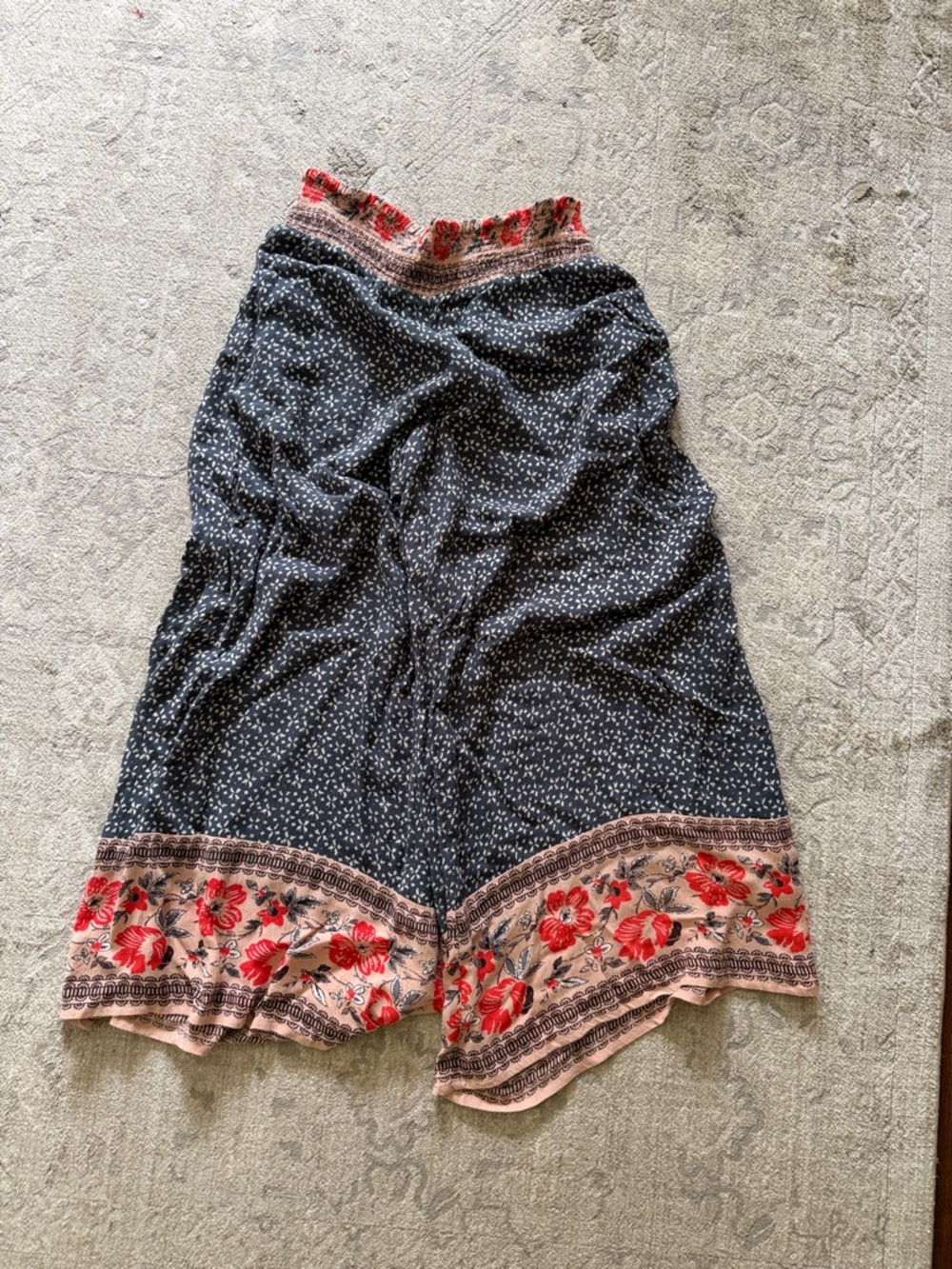 Free People Navy Wide-Leg Pants with Red Floral Border